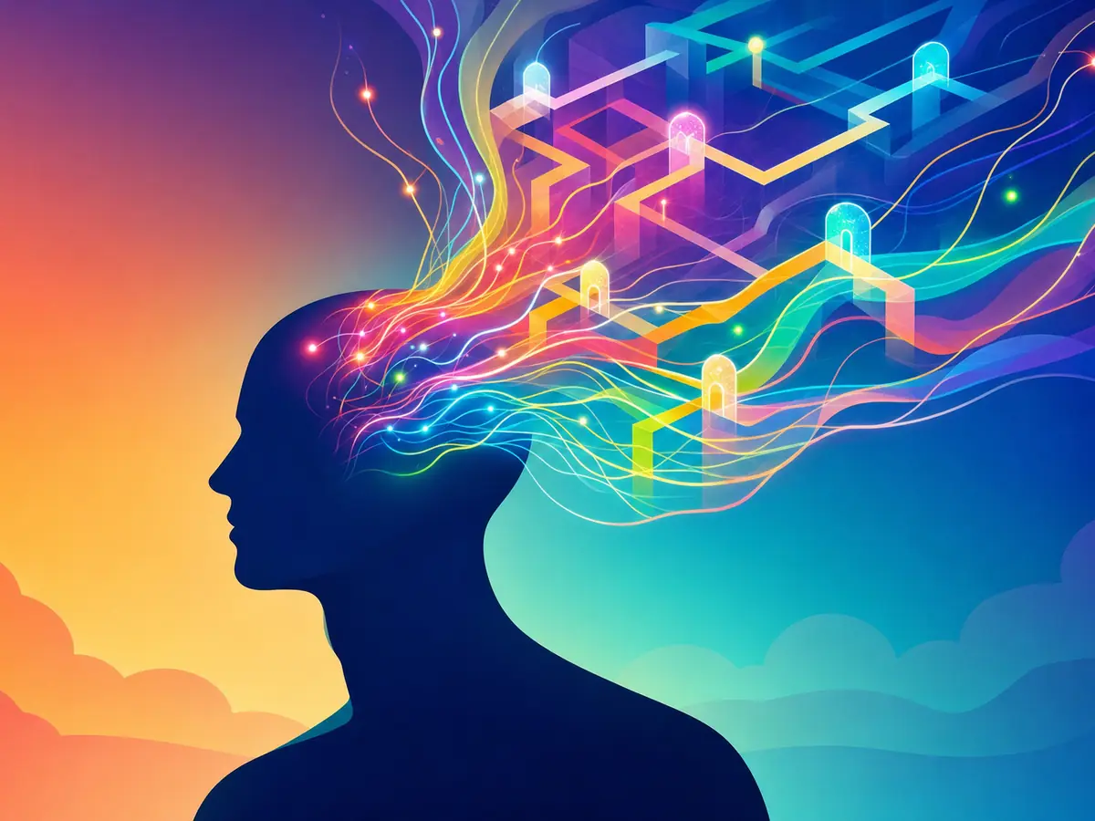 Editorial illustration of logic — silhouette figure with luminous cognitive imagery emerging from the mind area, for are online iq tests accurate