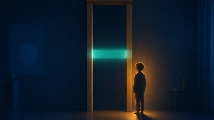 A child standing beside a door frame where the height mark is a soft glowing band rather than a thin line