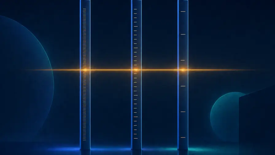 Three tall measuring rods with differently spaced marks, all crossed by one horizontal line of light at the same height