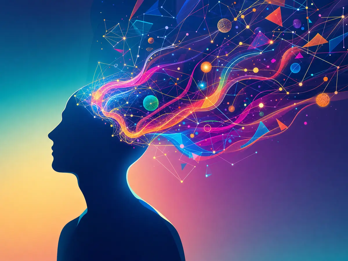 Editorial illustration of creativity — silhouette figure with luminous cognitive imagery emerging from the mind area, for iq vs personality
