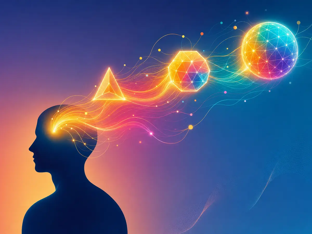 Editorial illustration of pattern recognition — silhouette figure with luminous cognitive imagery emerging from the mind area, for iq vs personality